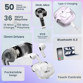 Close-up of earbuds highlighting MEMS microphone with Active ENC for crystal-clear call quality